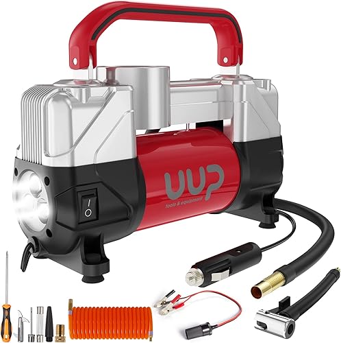 UUP Compresor de aire inflador de neumáticos 150 PSI 12 V CC doble cilindro bomba de aire portátil resistente con luz LED de emergencia para camión