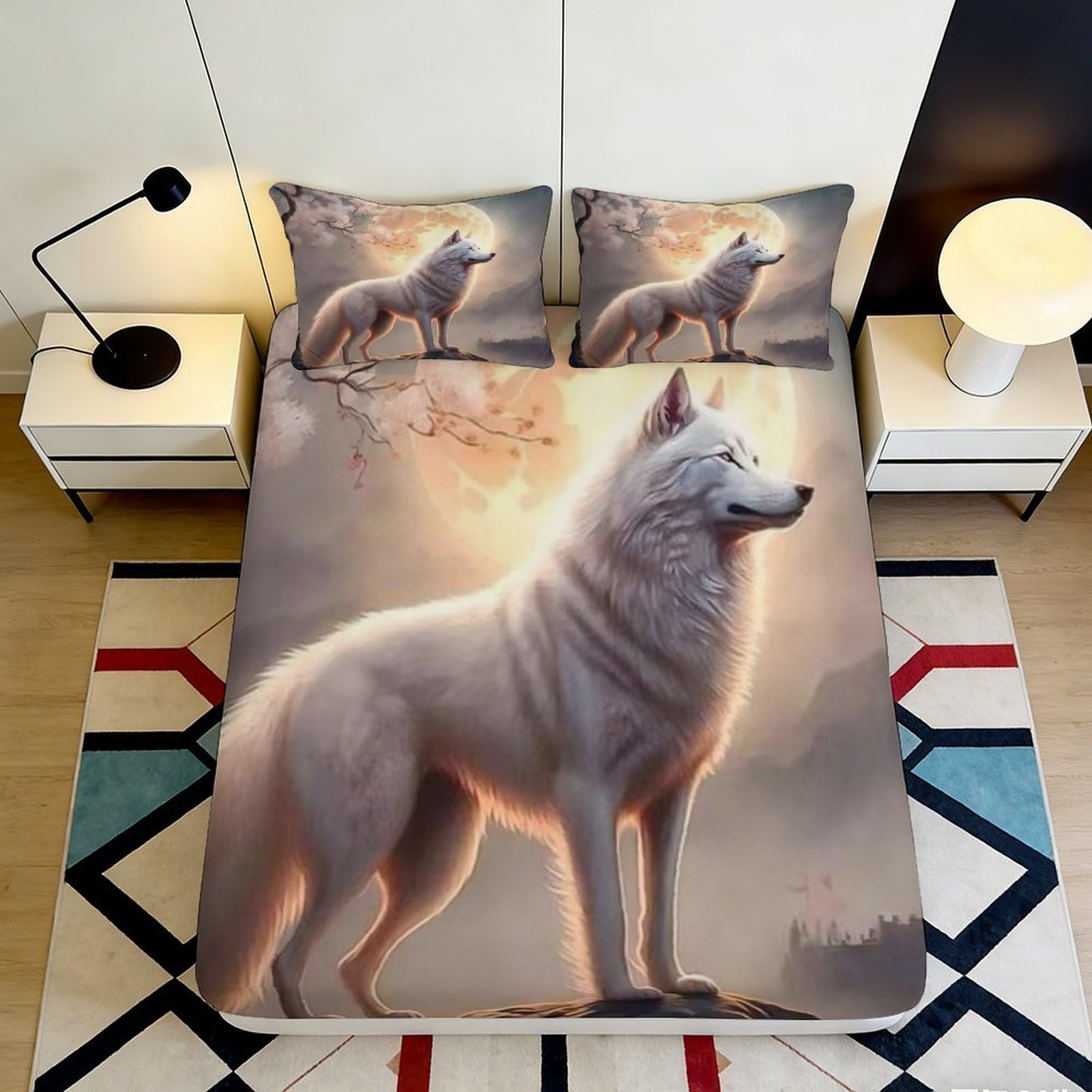 3D Printed White Wolf Moon Fitted Sheet Microfiber Soft Anti-Slip Mattress Cover for Bedroom Dorm Bed Décor 120x200x25cm