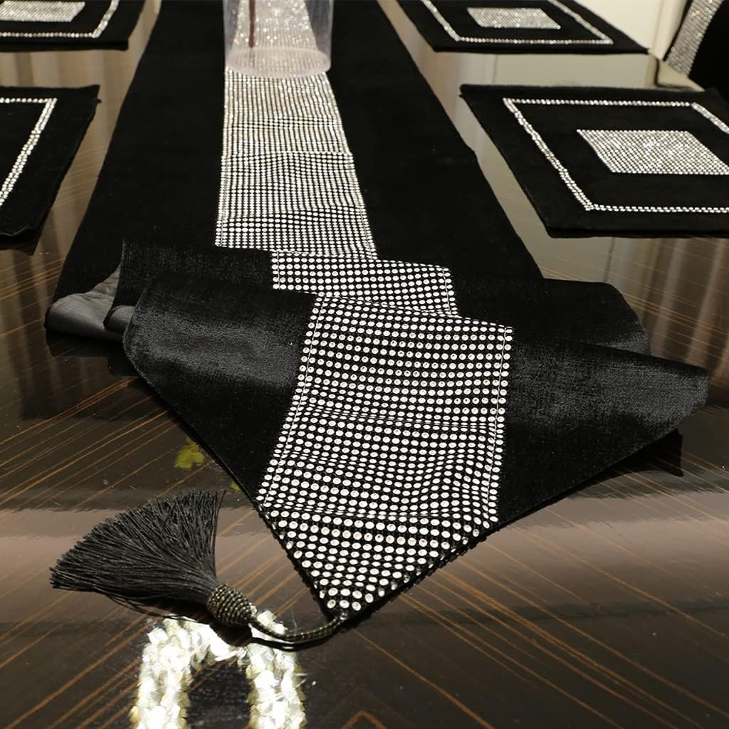 Table Runner Black Rhinestones Table Runner for Home Wedding Party Decoration(D,32*210cm)