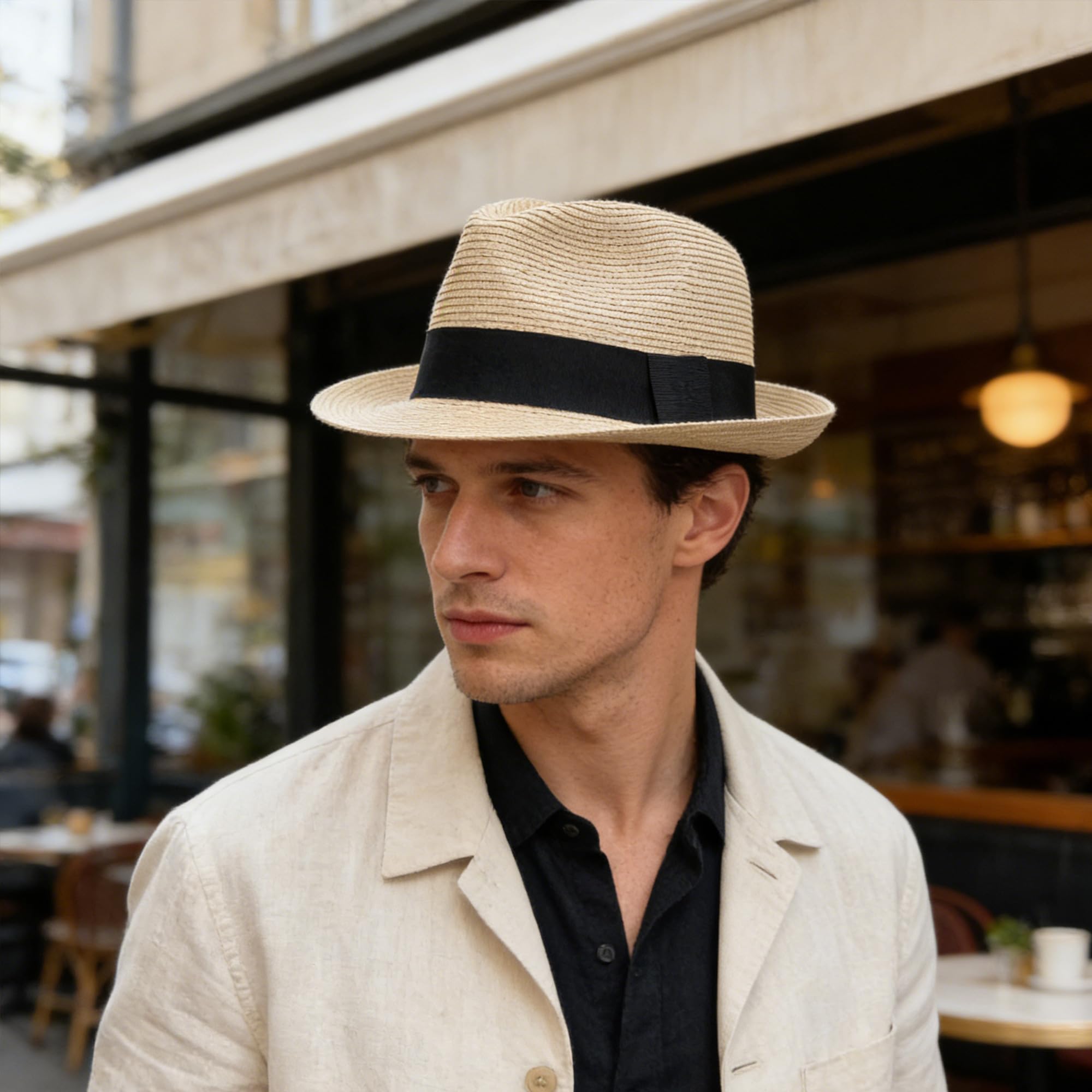 Wildarms Sombrero Fedora de Paja para Mujer, Estilo panamá, Sombrero de Verano con Banda Negra, Ligero y Transpirable