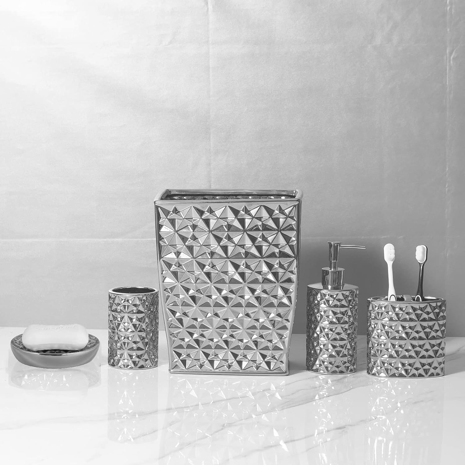 Silver Bathroom Accessories Set 5 Piece Bath Ensemble Includes Trash Can,Toothbrush Holder,Toothbrush Cup,Soap Dispenser,Soap Dish for Decorative Countertop and Housewarming Gift,