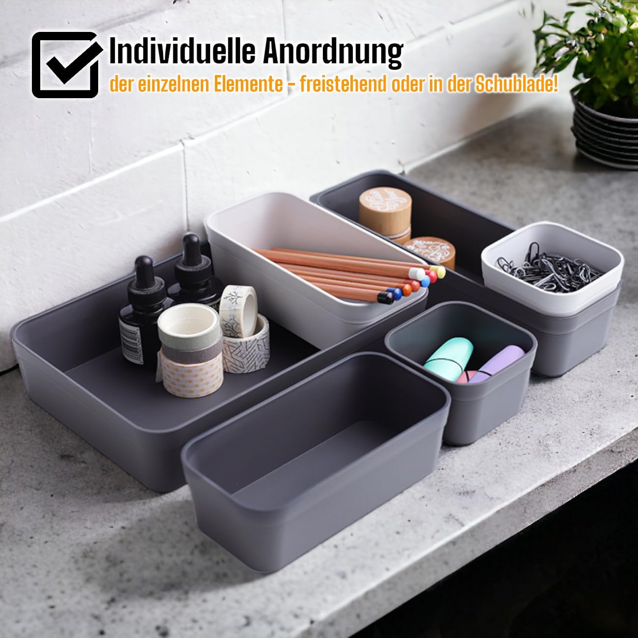 1 x Drawer Organiser Set Storage Box One-Piece Separation System Adjustable Utensils Storage Space Living Bathroom Plastic Pink