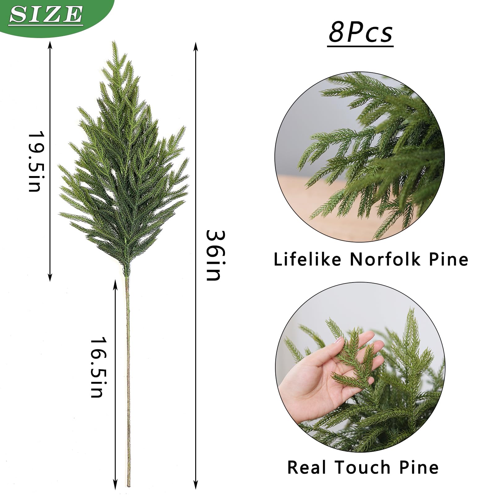 YXZZWL Norfolk-Kiefernzweige für Weihnachten, 91,4 cm, fühlt Sich echt an, künstliche Norfolk-Tannenzweige, künstlicher Zedernstiel, künstliche grüne Tannenspieße für Vasen, DIY-Girlande, Kranz,