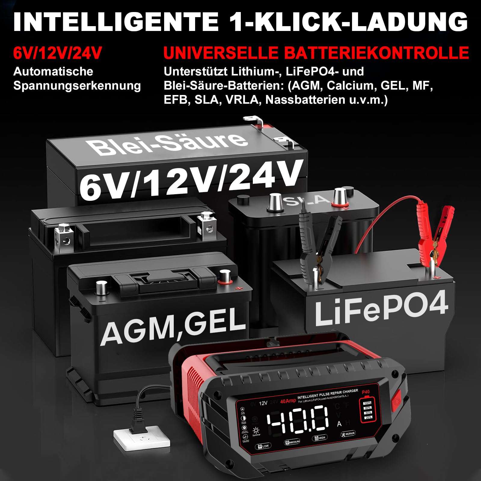 40A Autobatterie Ladegerät, 6V/12V/24V LiFePO4 Ladegerät, Batterieladegerät KFZ für Auto, Motorrad, Rasenmäher, Boot, Lithium, LiFePO4 und Blei-Säure(AGM, Gel, MF, EFB, SLA, VRLA, Wet)