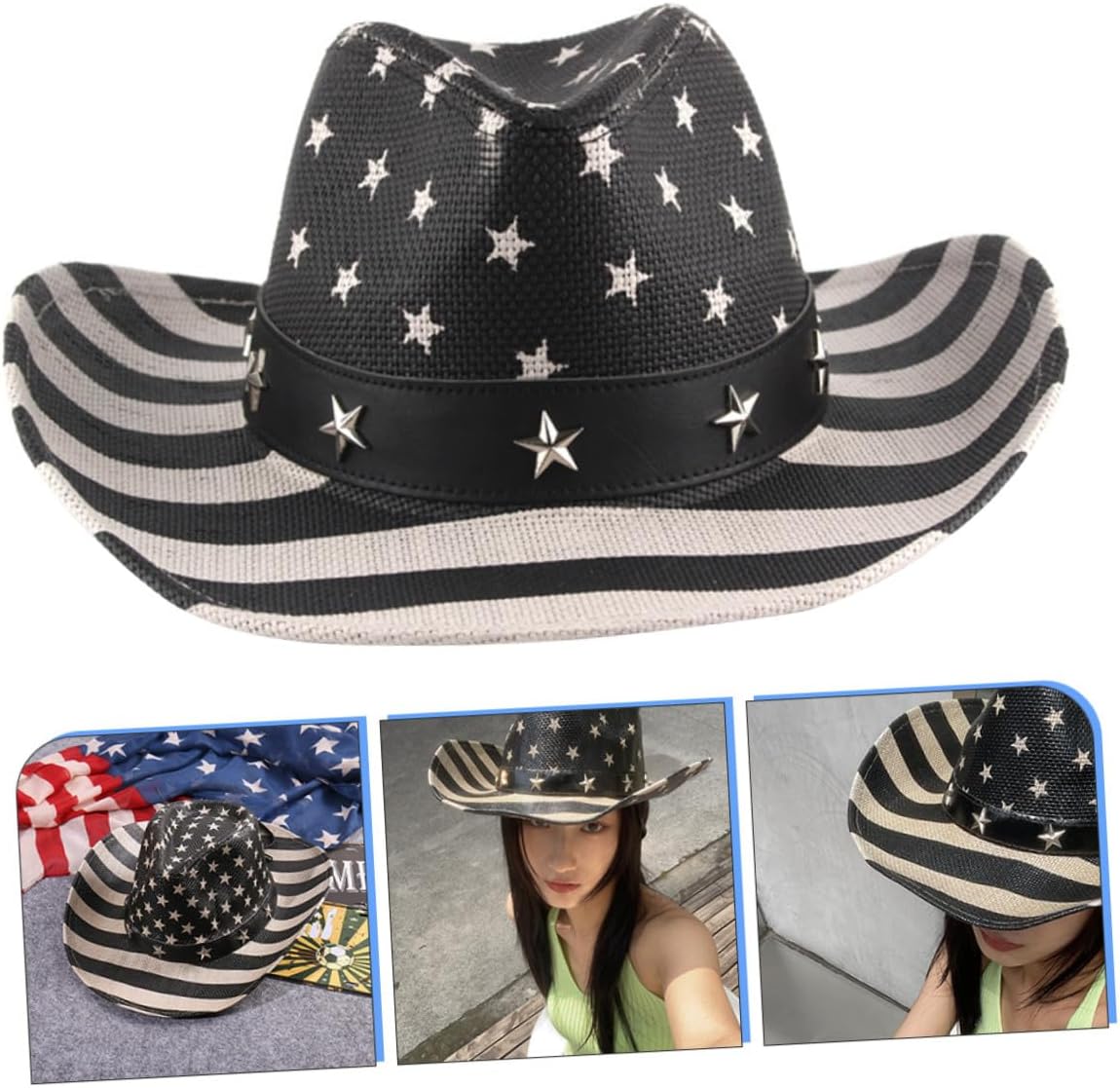American Flag Cowboy Hat Western Straw Sun Hat Unisex for 4th of July Independence Day Summer Party Black