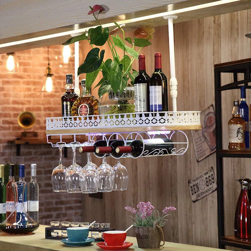 Bottle Holder Glass Holder Wine Glass Rack Solid Wood Hanging Wine Hanger Shelf with Retro Light (White 80 cm)