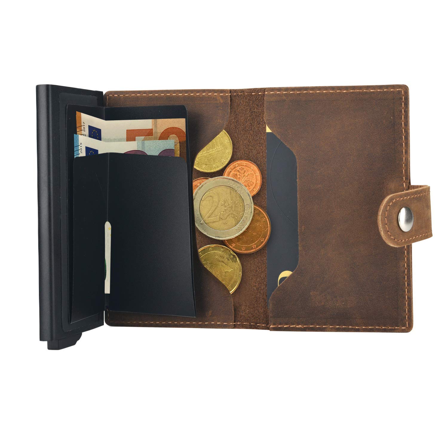 Mini Premium Herren Geldbörse, RFID/NFC Schutz, Slim Wallet mit Münzfach, Druckknopf & Kartenetui, aus A++ Echtleder, bis zu 6 Karten, Business Portmonee für Männer