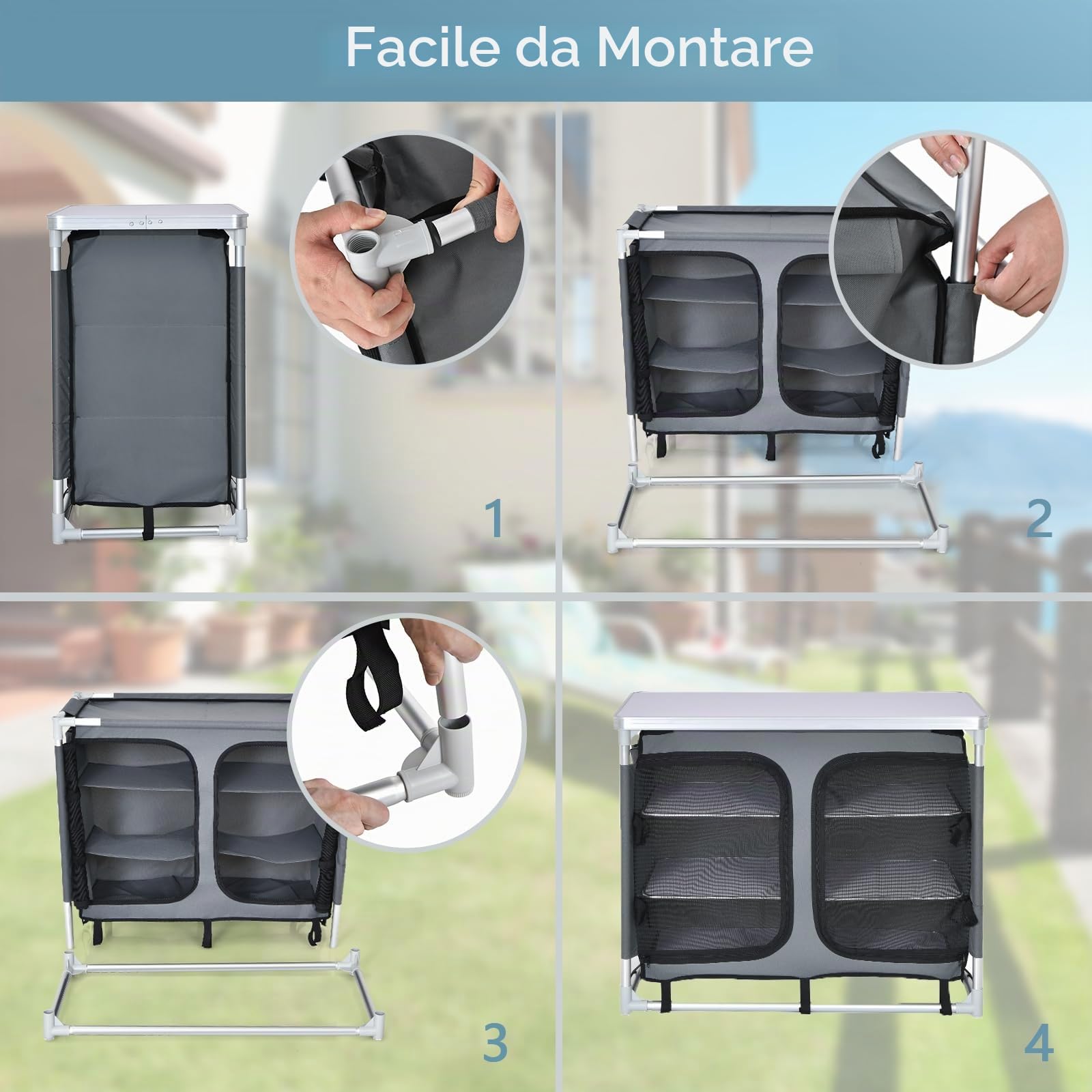KOMFOTTEU Tavolo Pieghevole da Campeggio in Alluminio a 4 Livelli, Tavolo Picnic Richiudibile con Ante in Rete con Cerniera, Borsa per il Trasporto, Cucina da Esterno, Picnic, Barbecue, Festa
