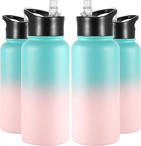 Miniatura 77 de VEGOND Botella de agua aislada de 32 onzas, botellas de agua metálicas de acero inoxidable a granel con tapa de popote a prueba de fugas y tapa de