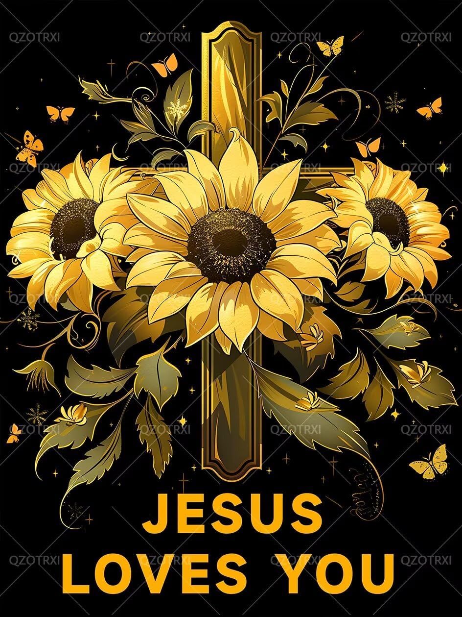 QZOTRXI DIY Religious Diamond Painting Kits for Adults, Cross Sunflower Jesus Full Drill Diamond Arts,DIY Sunflower Painting Diamond Arts Crafts for Home Wall Decor Gifts 16x20 Inch