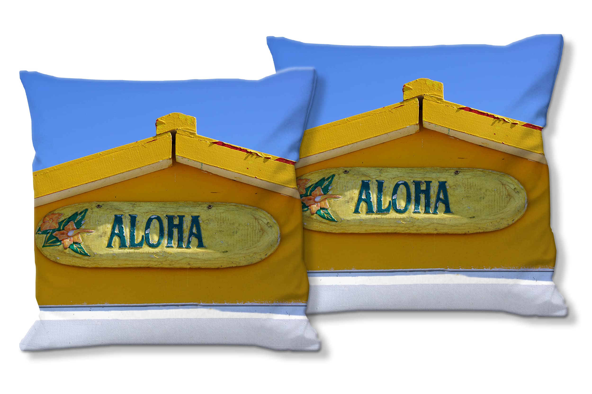 Giebel in gelb - Foto-Kissen-Hülle Set (2 STK.) 40 x 40 cm | Kissen-Bezüge - passend zu Wandbild - Deko-Kissen - Fischerhütte Haus Strand Meer