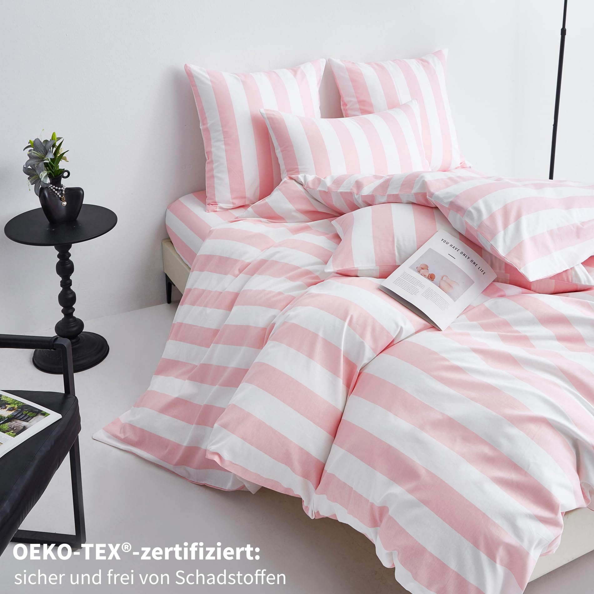 Bettwäsche 200x200 Baumwolle Rosa Weiß Gestreift Bettwäsche Baumwolle Weich Atmungsaktiv Kuschelige Bettbezug Set 3 Teilig mit Reißverschluss und 2 Kissenbezüge 80x80 cm