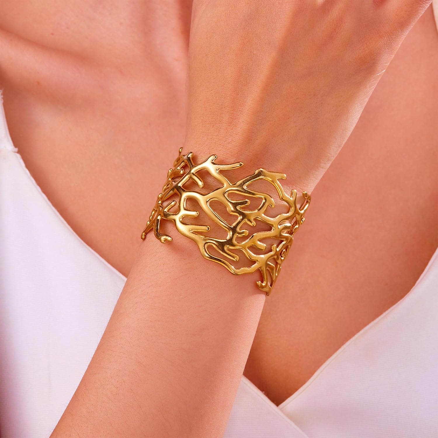 Wide Chunky Gold Cuff Bracelets for Women - Open Cuff Bangles Adjustable Wrist Bracelets, Statement Jewelry Gifts for Women - Image 4