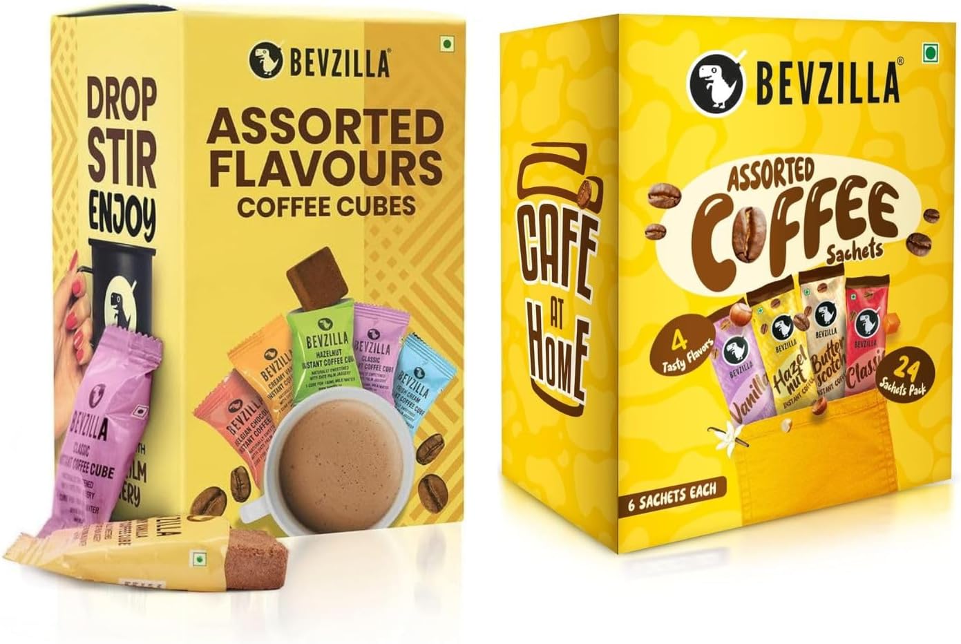 Instant Coffee Combo | 24 Assorted Coffee Sachets (24 x 2g) & 10 Assorted Coffee Cubes with Date Palm Jaggery | 5 Flavours | No Refined Sugar | Makes 34 Cups