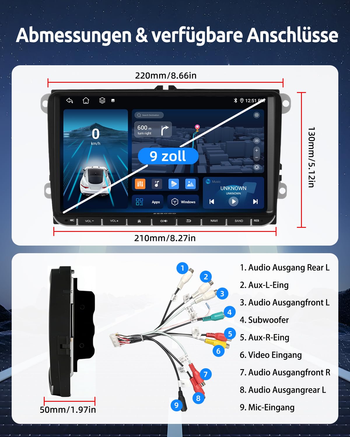 ESSGOO True 4+64G Wireless Autoradio, 9 Zoll Touchbildschirm mit Carplay Android Auto, Android 15 Car Radio für VW Golf 5 6 T5 Polo Passat Touran Tiguan Seat Skoda mit Bluetooth GPS AM FM RDS SWC
