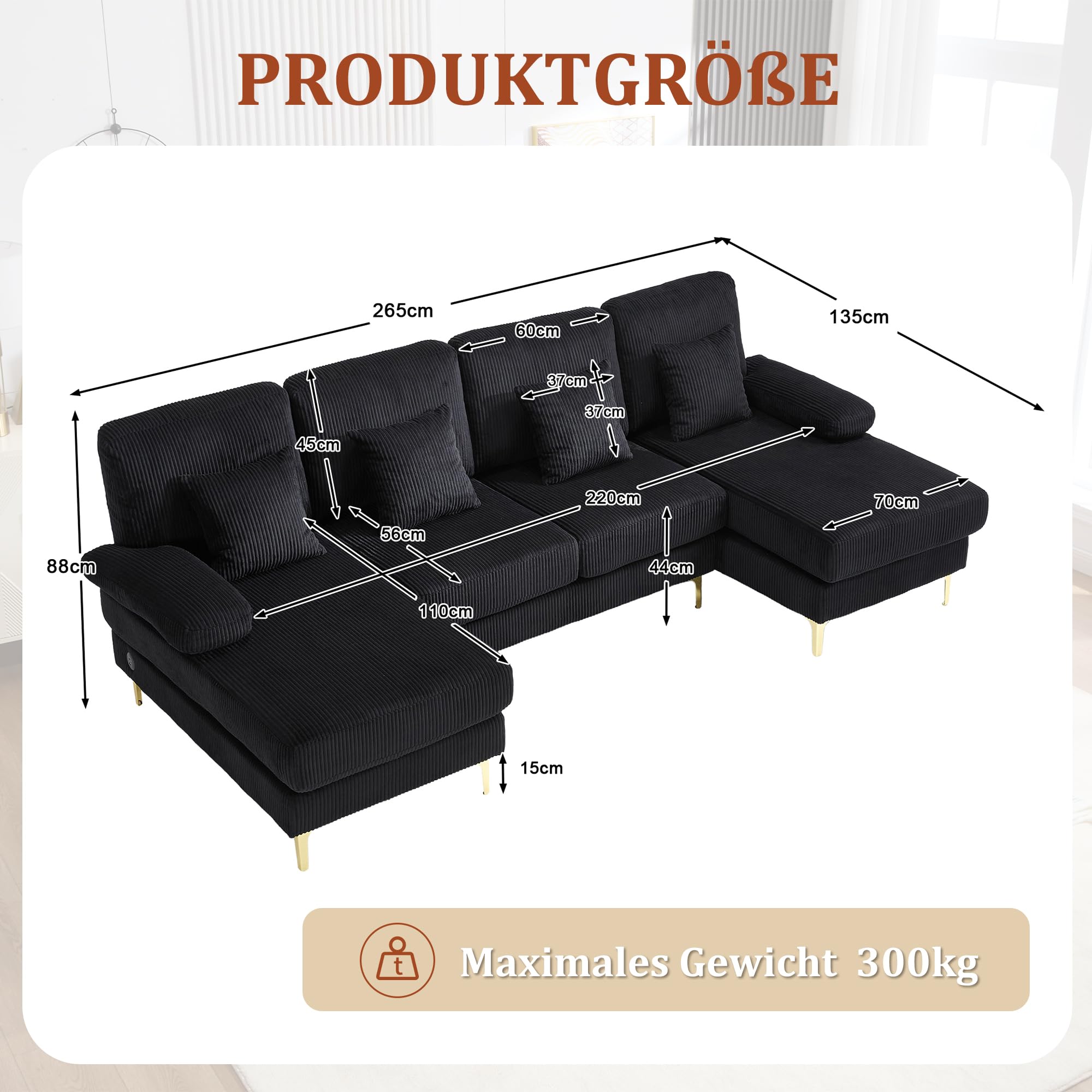 Sapgaks Canapé Moderne en Forme de U avec éclairage d'ambiance LED et Port USB+Type-C,canapé 4 Places avec 4 Coussins Luxueux et Dossier Ergonomique Haut de Gamme,Velours,Noir
