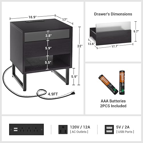 Nightstand with Charging Station and LED Lights Black Night Stand with Large Capacity Drawer Modern Bedside Table with Open Storage for Bedroom Sofa