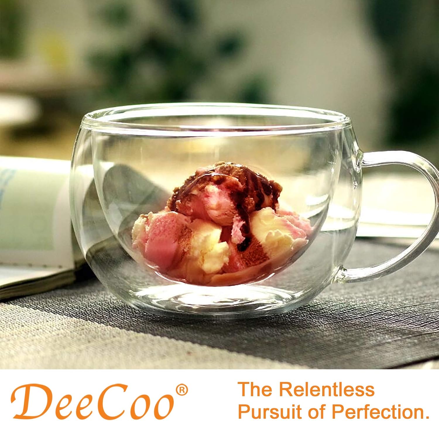 DeeCoo Double Wall Cappuccino Mugs 10oz, Clear Coffee Mug Set of 4 Espresso Cups, Insulated Glass with Handles (Latte Glasses,Tea)