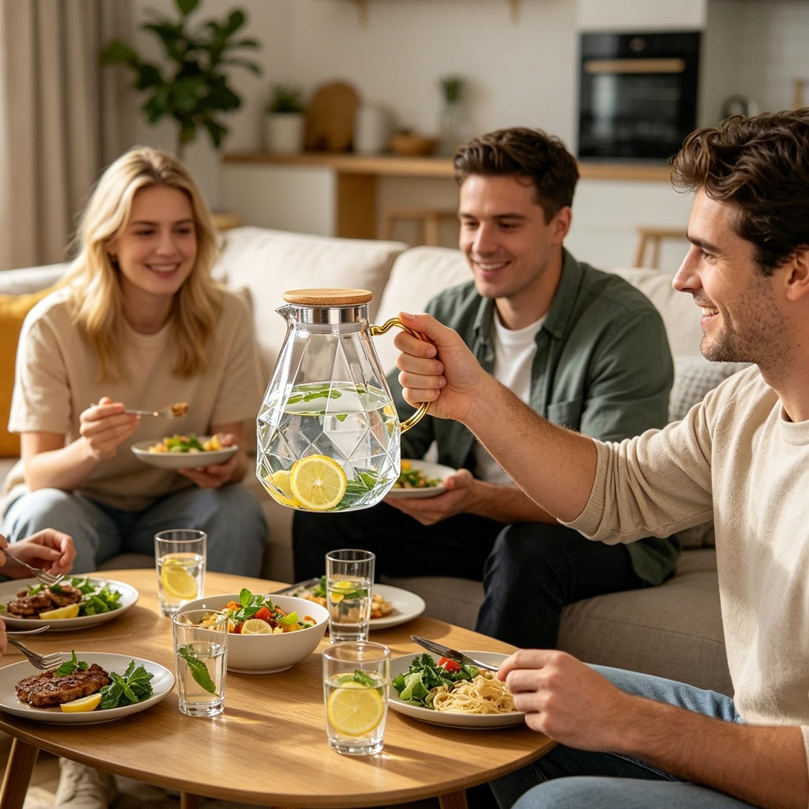 Glas-Wasserkrug – 2 Liter Glaskrug mit Deckel und Griff, großes Fassungsvermögen, Eisteekrug für kaltes Wasser, Tee, Kaffee, Saft, Getränke, Kühlschrank, Esstisch, Küche, Büro