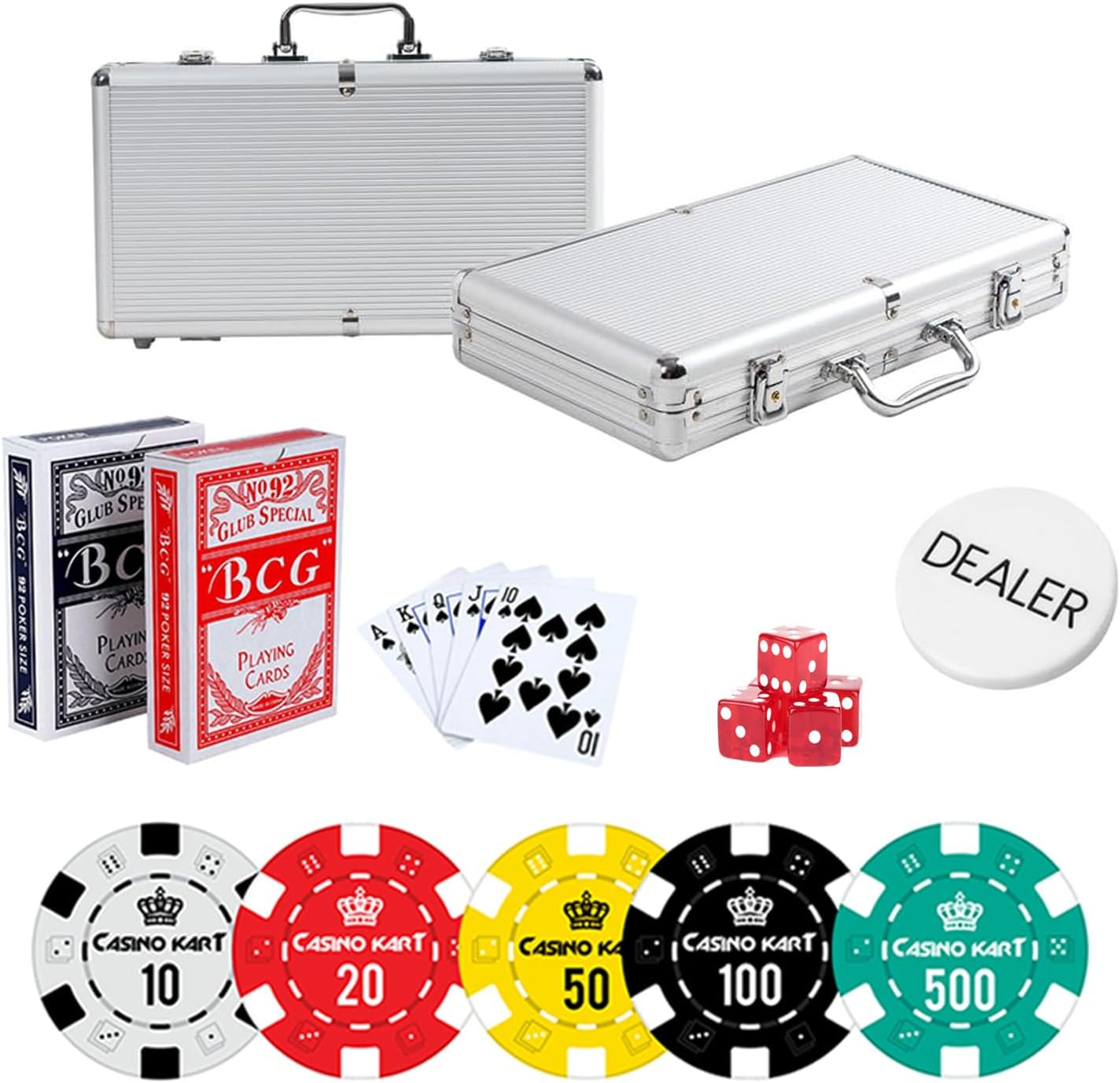 CASINOKART 500-Piece Silver Poker Chip Set โ Casino-Quality Chips with Denominations for Blackjack & Tournament Play