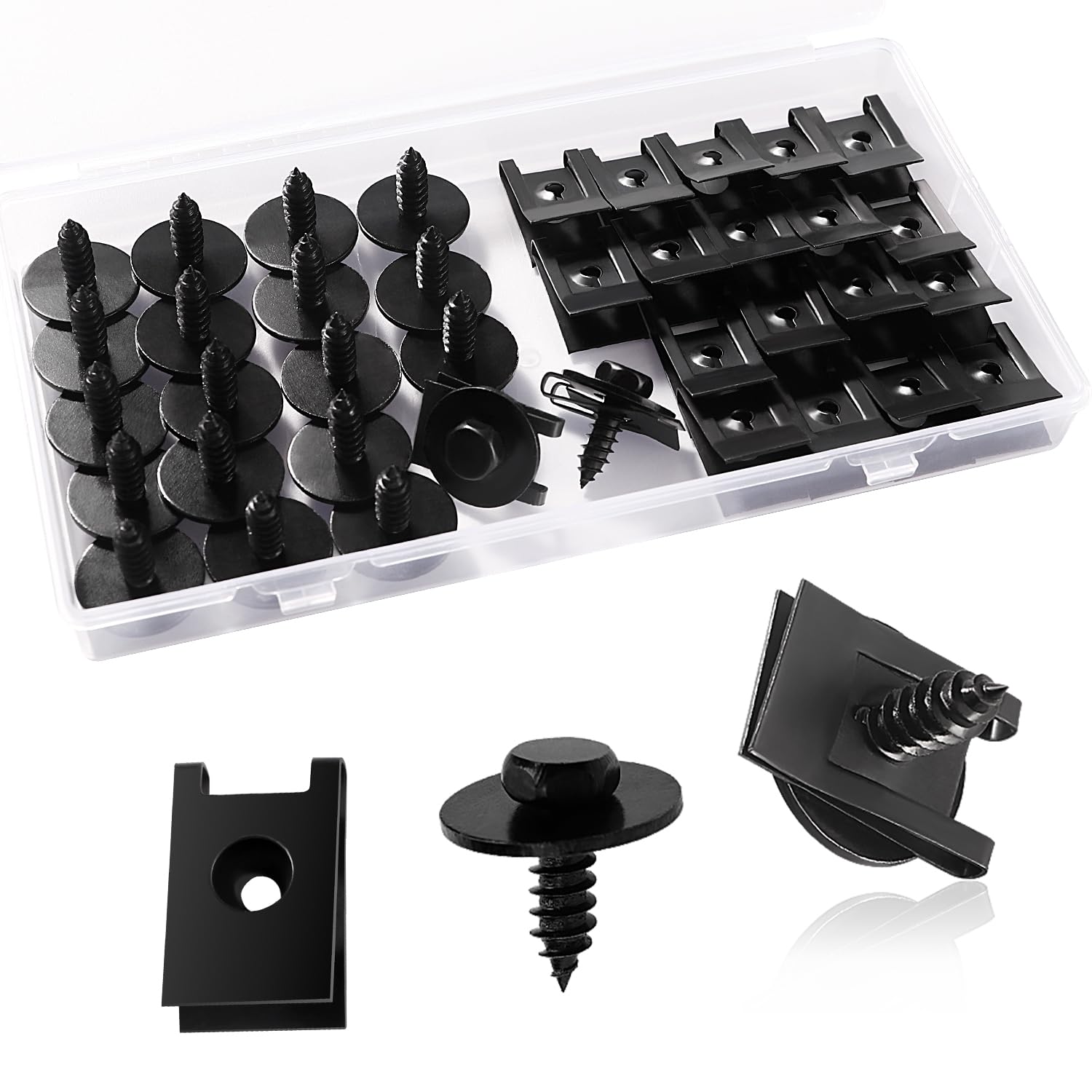 VooGenzek 40 Stücke Schraube Mutter Clip Kit, Kotflügelclip Blechmutter Befestigung, Blechschrauben Kotflügel Befestigung Blechmuttern Sortiment, mit Schrauben für Auto, Schwarz