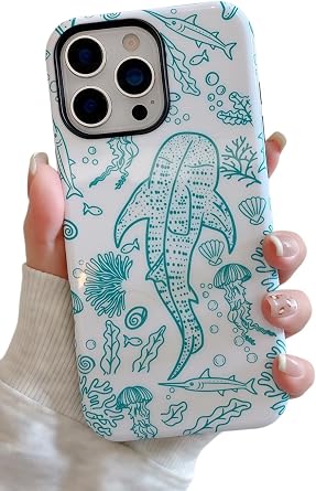 YUANLI for iPhone 16 Pro Case Whale Shark Shell Sea Ocean Animals Pattern Phone Case Hard PC + Soft TPU Shockproof Protective Cover for Women Girls Green