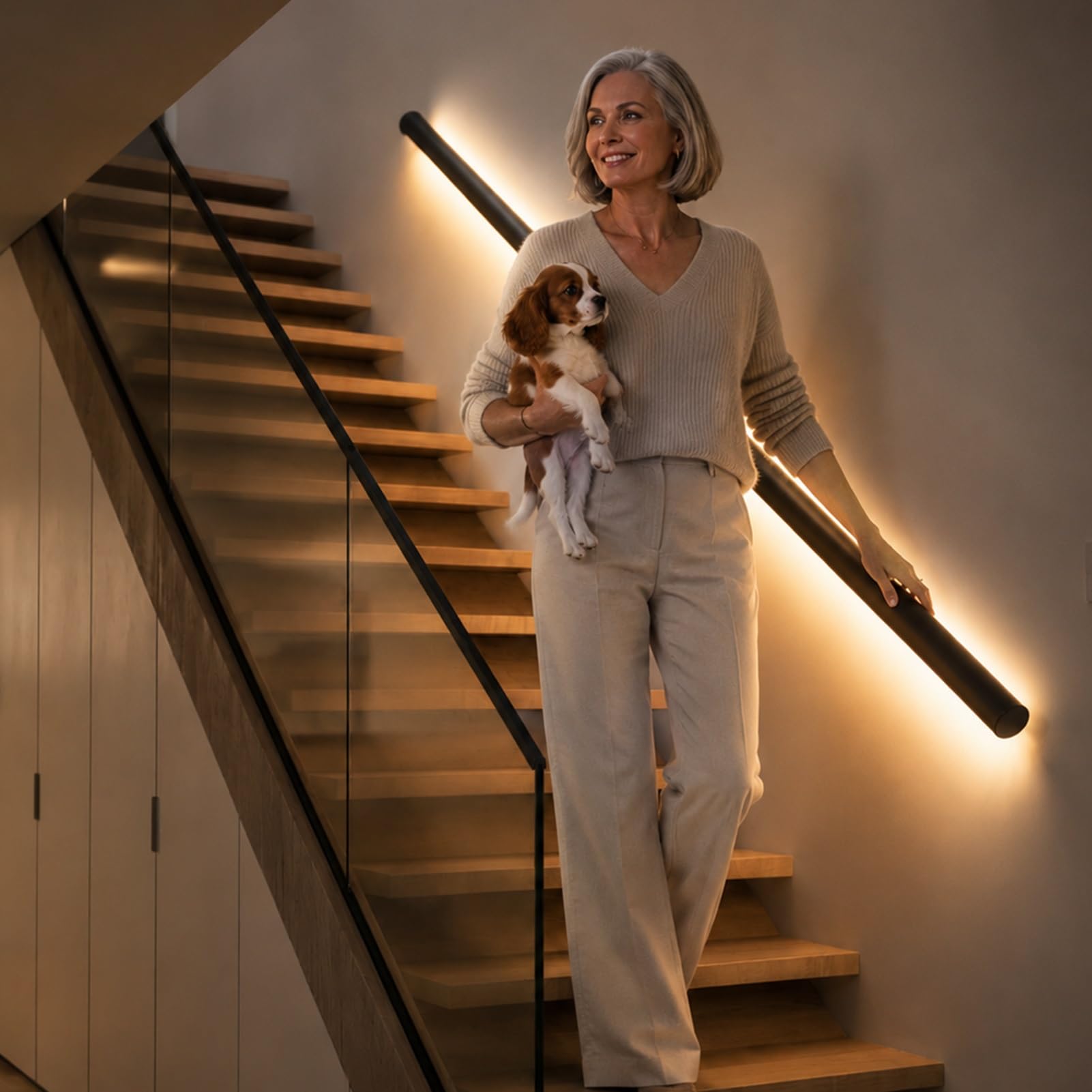 Body Sensing Stair Handrail with Soft Light, Modern Luminous Banister Railing System, Anti-Slip Aluminum Alloy Safety Rail for Elderly & Kids(Right Bottom,3.9ft/1.2m)
