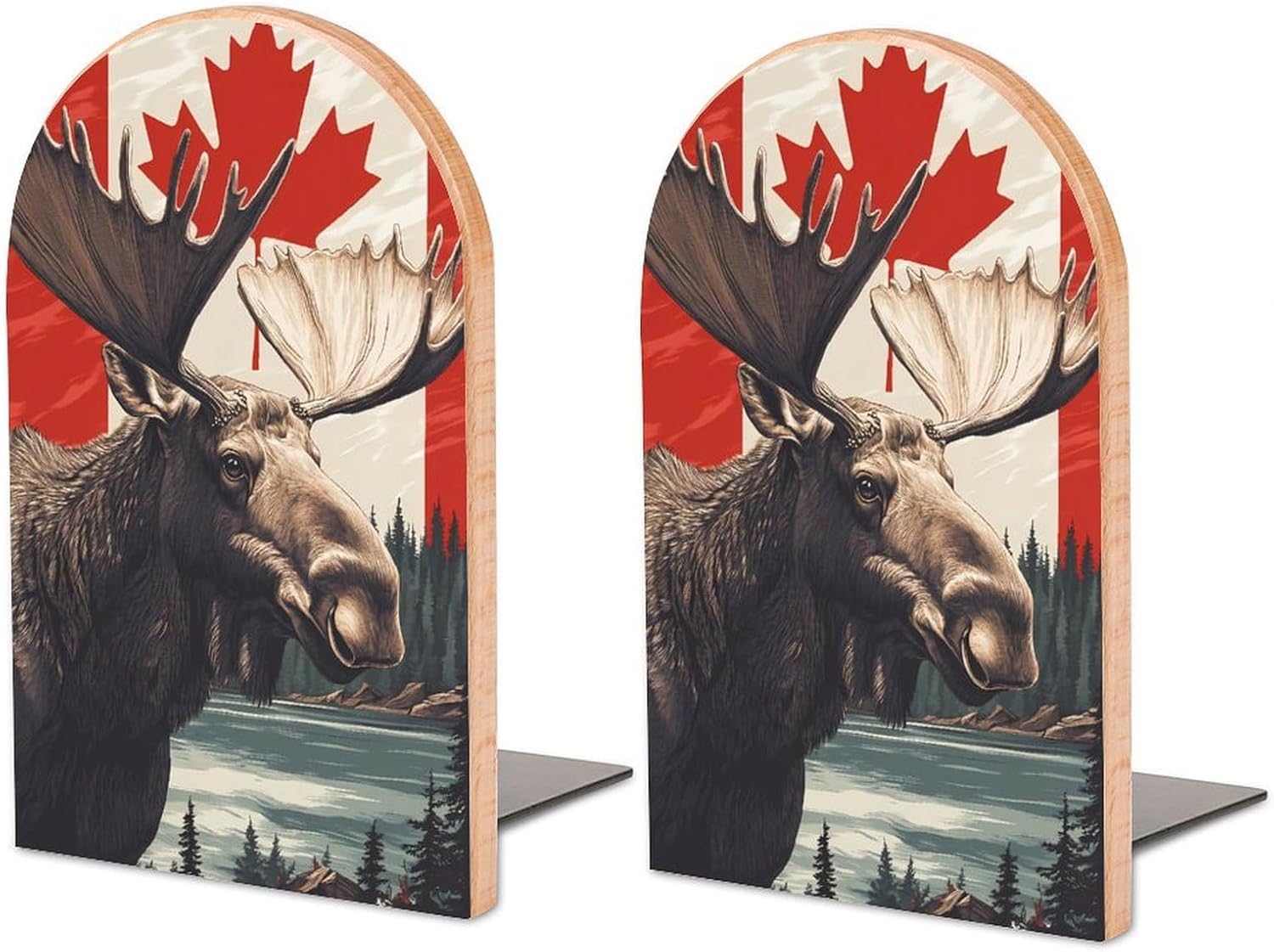 Moose Canada Flag Cute Wood Book Ends Decorative Bookends 1 Pair Non-Skid for Shelves Home Office 7 X 5 Inch