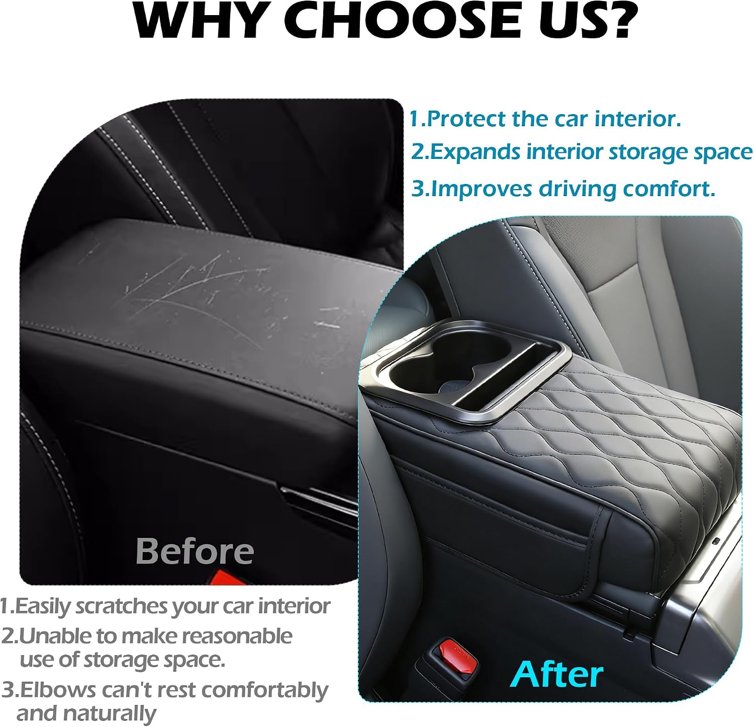 Upgraded Heightening Cup Holder Car Center Console Cover, Leather Car Armrest Cover Cushion with 2 Storage Bags,Car Armrest Storage Box Interior Accessories for Most Vehicles (Black)