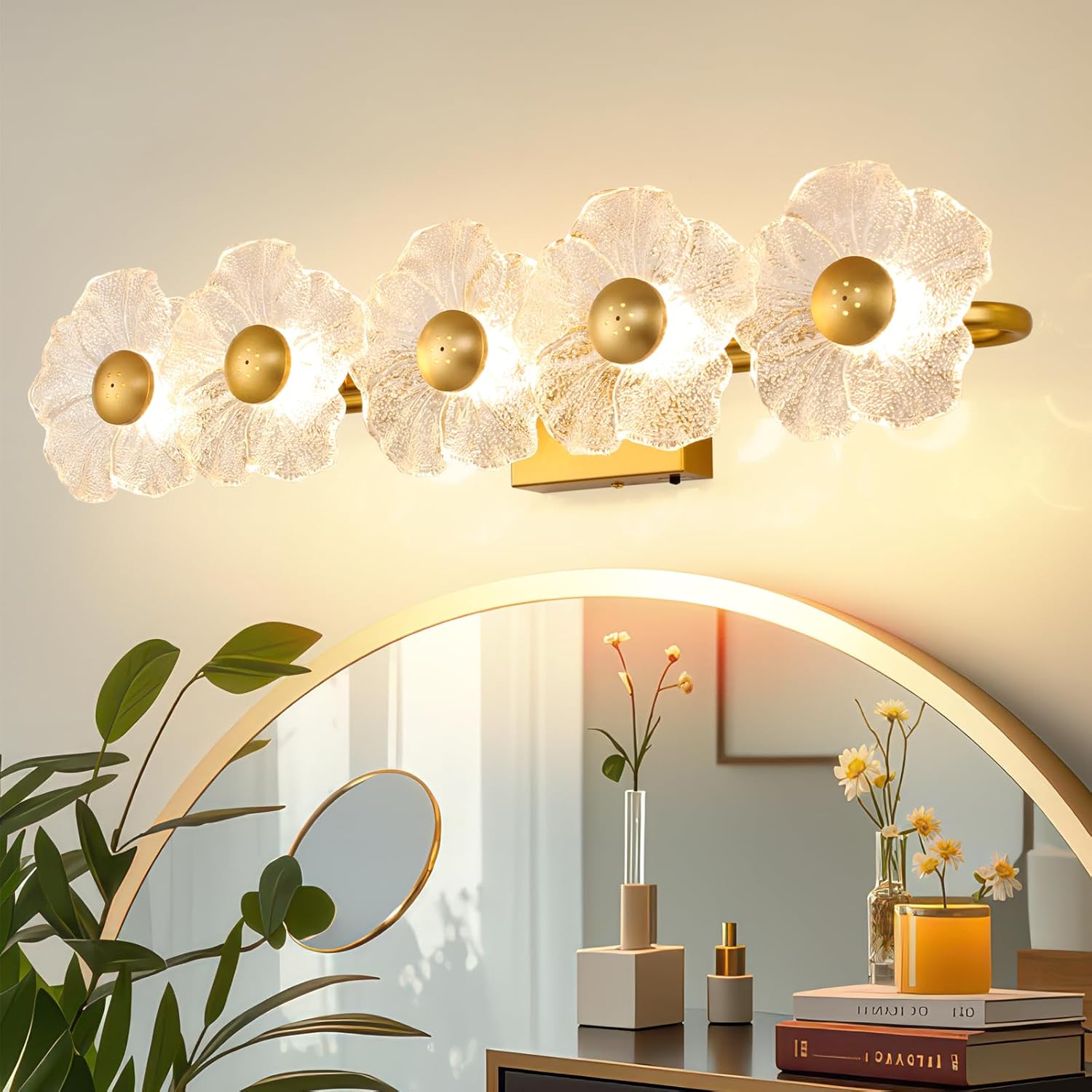 MantoLite Bathroom Light Fixtures Modern Vanity Light Over Mirror Adjustable 3000K-6000K Picture Lights Art Light with Floral Clear Glass Shades for Living Room Bedroom Wall Sconces (5 Light Gold)