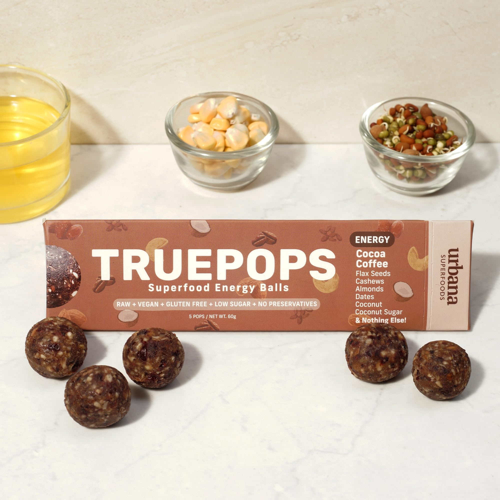 Urbana Superfoods Truepops Energy Balls | Healthy Vegan Snack | Coffee Cocoa Flavor | Gluten Free, Keto Friendly | Natural Superfood Bites | 240g (4 x 60g) — Amazon image 2