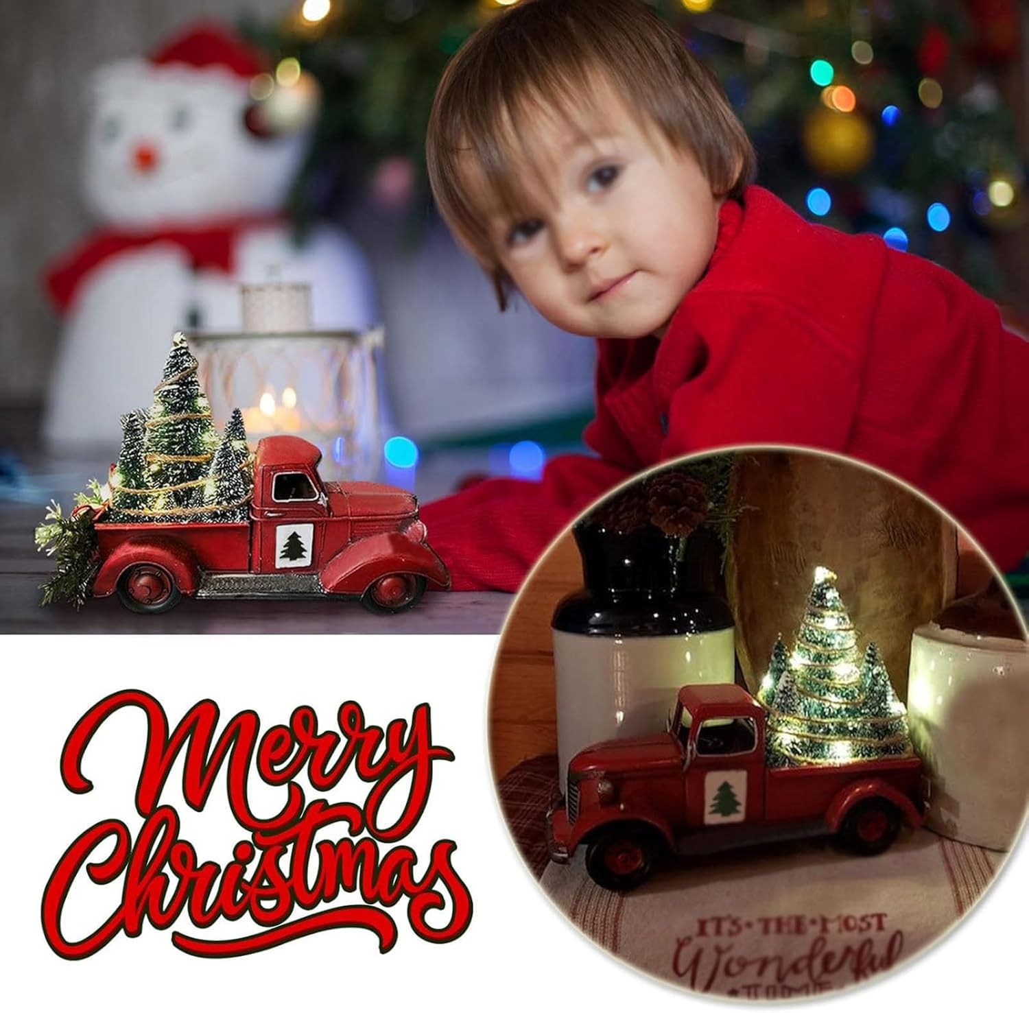 Christmas Vintage Red Truck, Red Truck Farmhouse Table Decor for Home and Coffee Metal Vehicle with Mini Christmas Tree