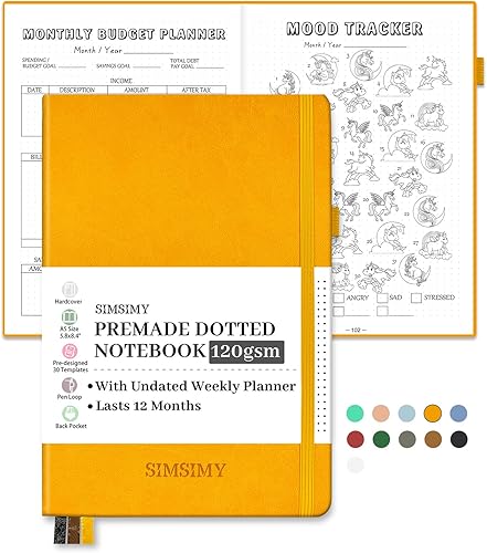 SIMSIMY Cuaderno prefabricado con cuadrícula de puntos, diario prefabricado con cuadrícula de puntos con planificador semanal y mensual sin fecha,
