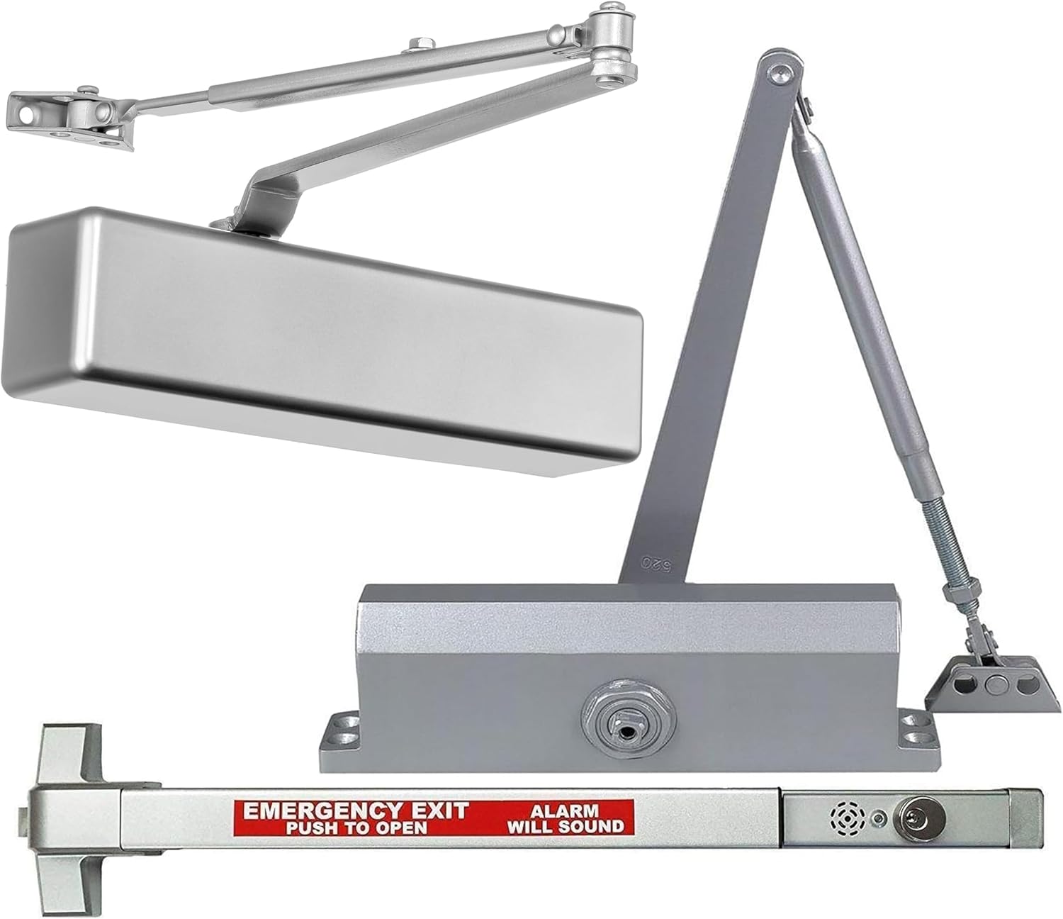 Dynasty Hardware Heavy Duty Door Closer & Alarmed Panic Exit Device Set, Adjustable Size 1-6, Grade 1 & 3, ADA Compliant, UL Listed, 8500 & 3000 Series Closers, Aluminum Finish