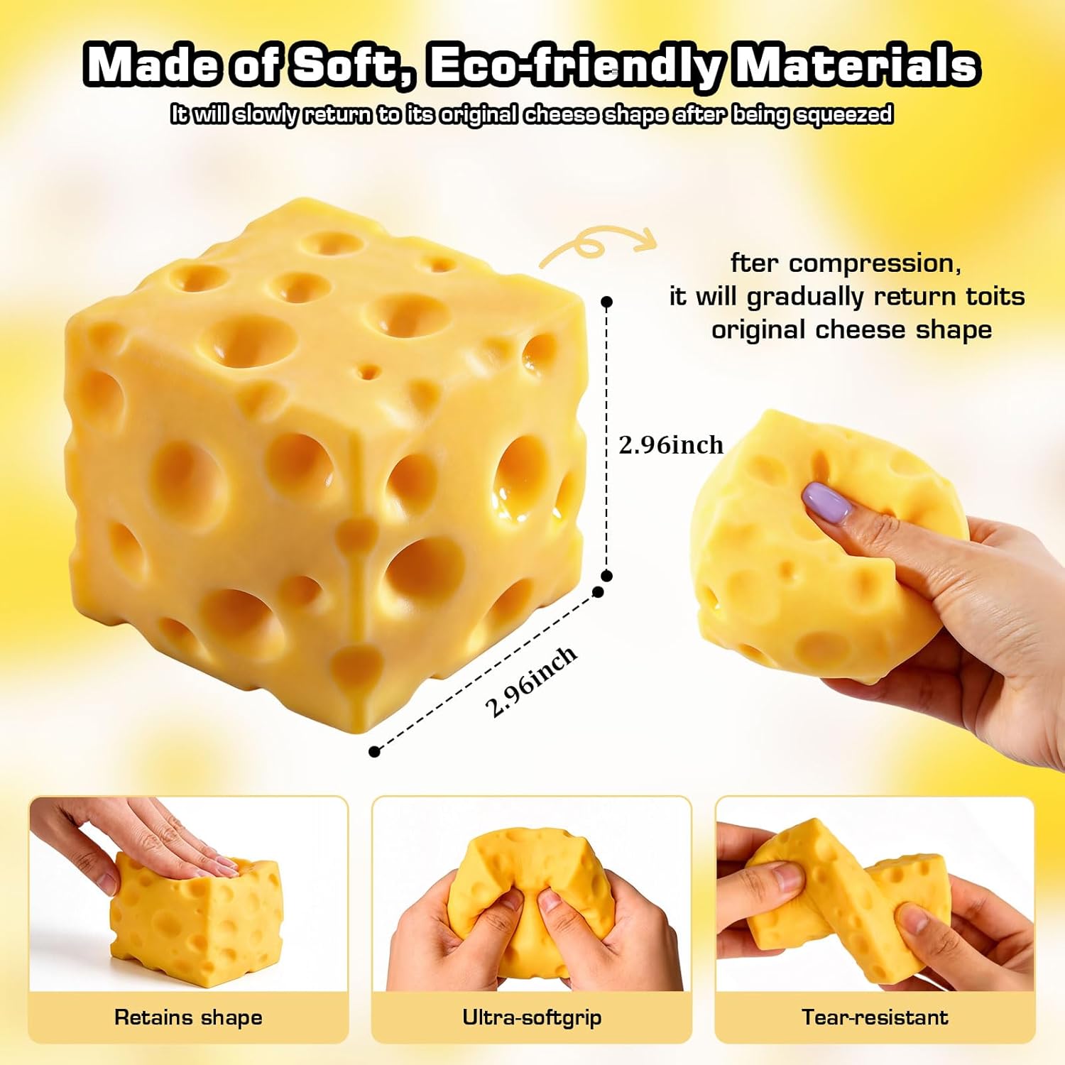 Giant Cheese Squishy – Slow Rising Sensory Fidget Toy, Jumbo Squeeze Cheese Cube for Stress Relief, Soft Hand Squeeze Toys, Portable Calming Gift for Adults Office Desk, Yellow (Medium-2.96")
