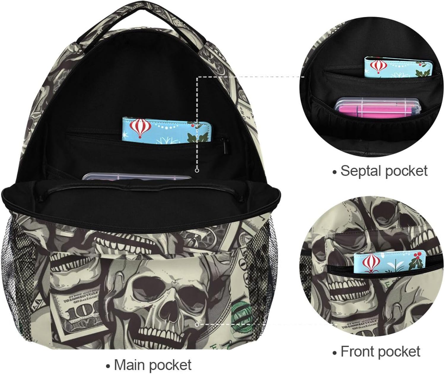 Skull Banknotes Laptop Backpack for Women Men, Personalized College Bookbag Travel Bag Casual Daypack back packs