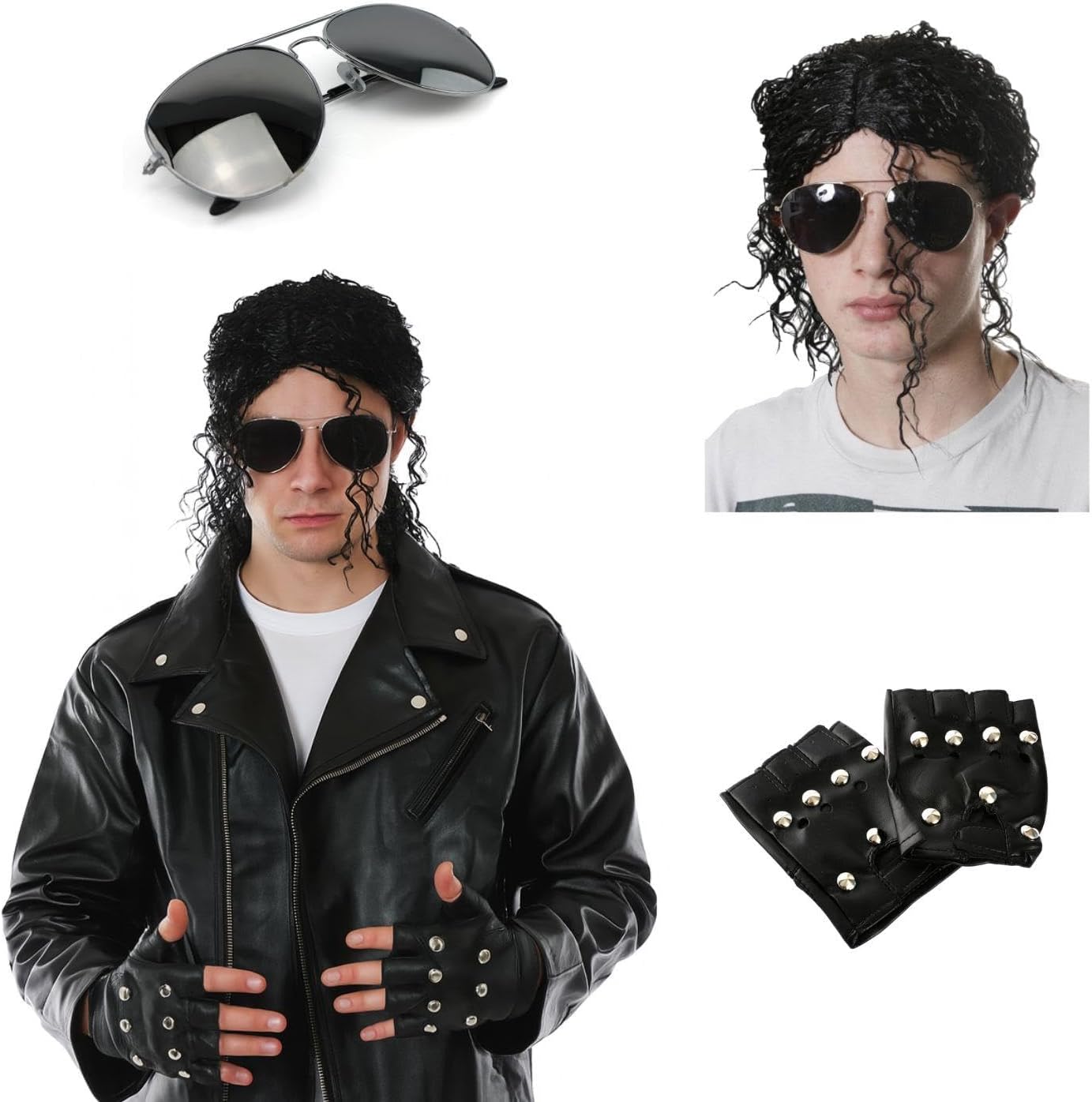 King of Pop Leather Look Jacket Costume with Glasses, Wig & Studded Gloves – 80s Icon Fancy Dress for Adults – Halloween Outfit, Cosplay, Bad Tribute Act Costume