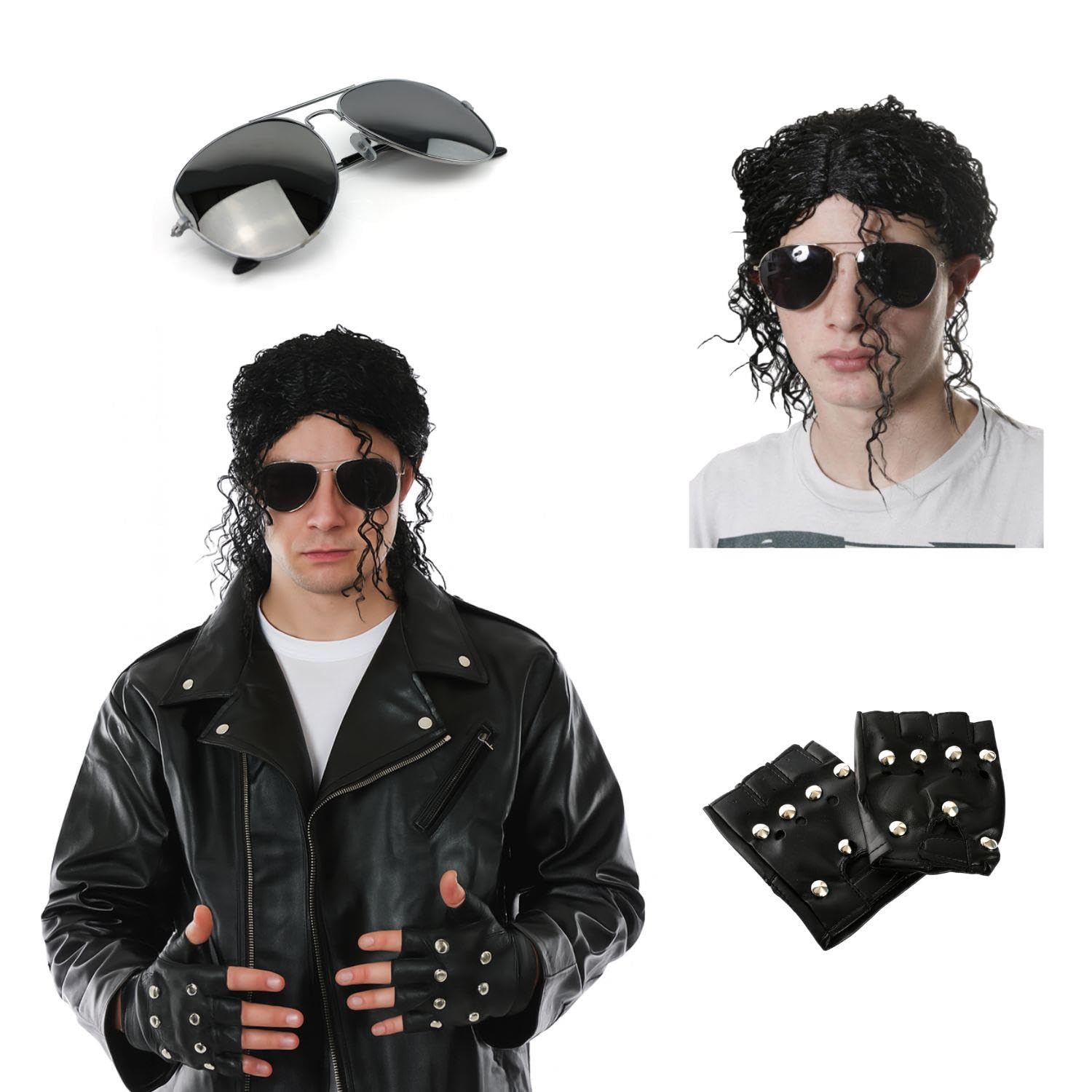 Skórzana kurtka King of Pop, kostium z okularami, peruką i rękawiczkami z ćwiekami, ikona lat 80., fantazyjny strój dla dorosłych, strój na Halloween, kostium Cosplay, kostium Bad Tribute Act, rozmiar