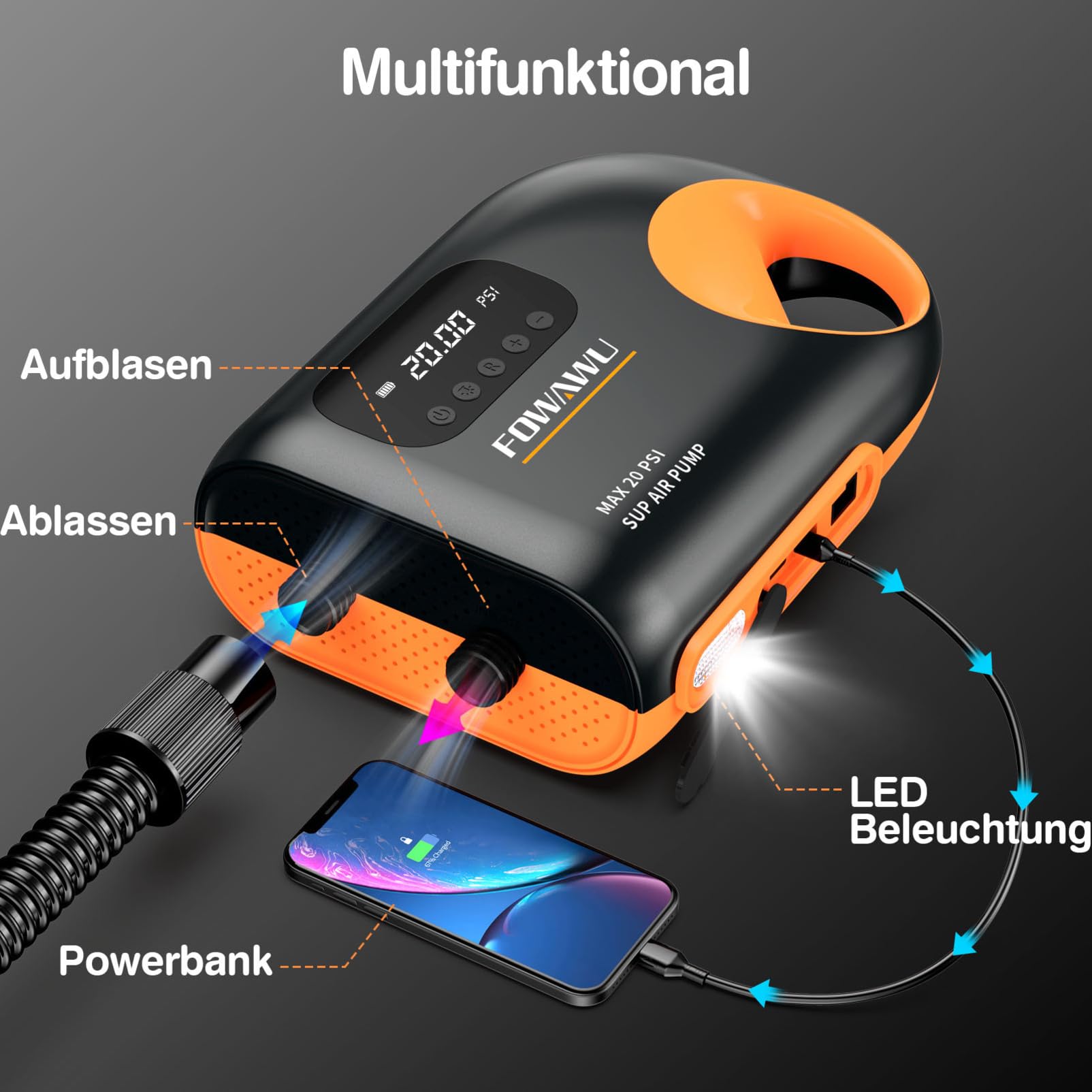 FOWAWU 3 * 7800mAh SUP Pumpe Elektrisch Akku，20 PSI Elektrische SUP Luftpumpe, 12 V DC Schnellladung Akku Pumpe Sup Board, Auto-Off für Aufblasbare Stand Up Paddle Boards, Boote, Kajak, Kitesurf
