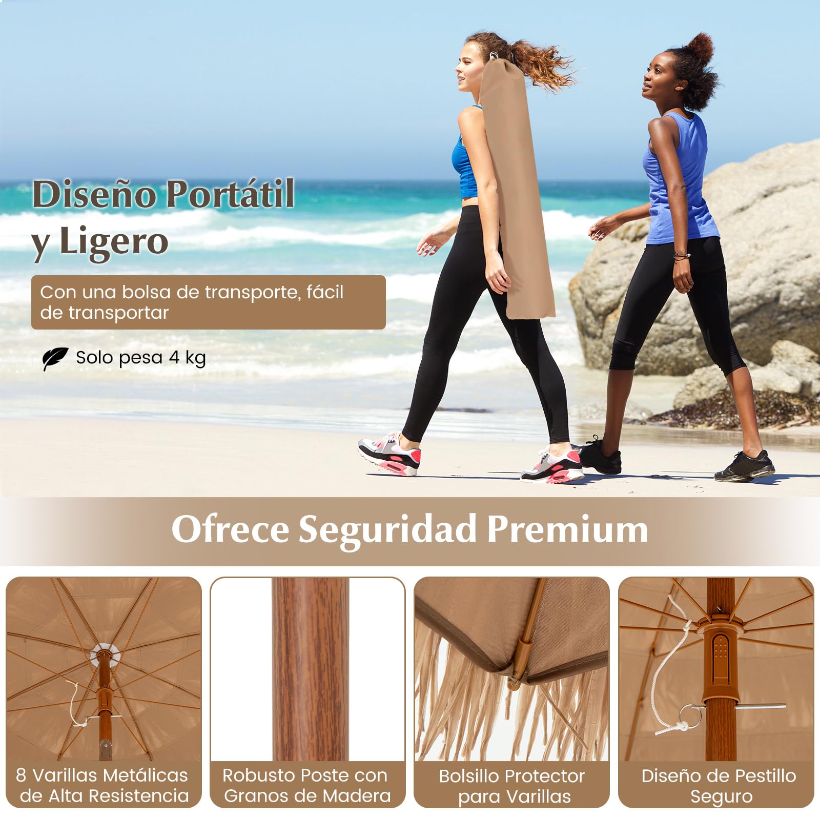 COSTWAY Sombrilla de Playa 200cm con Base Plegable y Botón de Inclinación, Estilo Hawaiano de Paja PP con Bolsa de Transporte para Terraza, Jardín, Piscina y Exterior