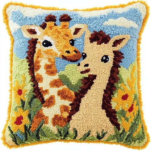 XDEGHUANGSS Kits de cojín de ganchillo para adultos, funda de almohada bordada, kits de costura DIY para funda de cojín y alfombra, kit de artesanía DIY para mujeres, 43 x 43 cm, dos jirafas