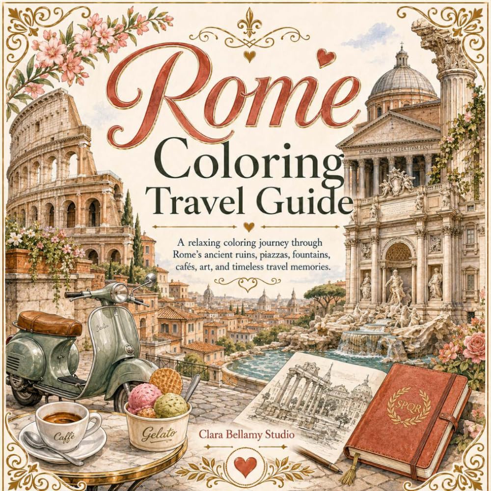 Rome Coloring Travel Guide: A Relaxing Coloring Journey Through Rome's Ancient Ruins, Piazzas, Fountains, Cafés, Art, and Timeless Travel Memories