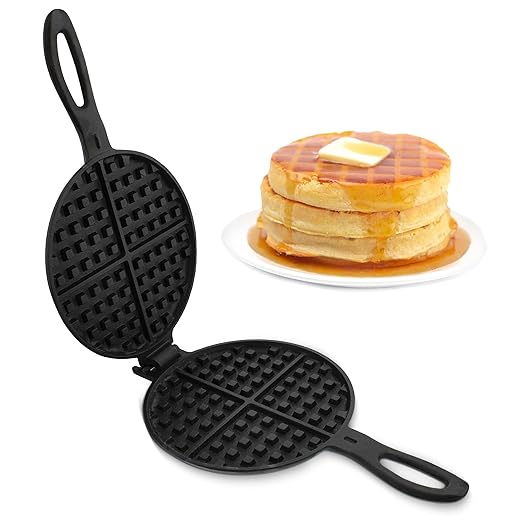 Lot45 Cast Iron Waffle Maker Pan - 6in Stove Top Waffle Iron Cookware, Portable Camping Breakfast Maker for Stovetop