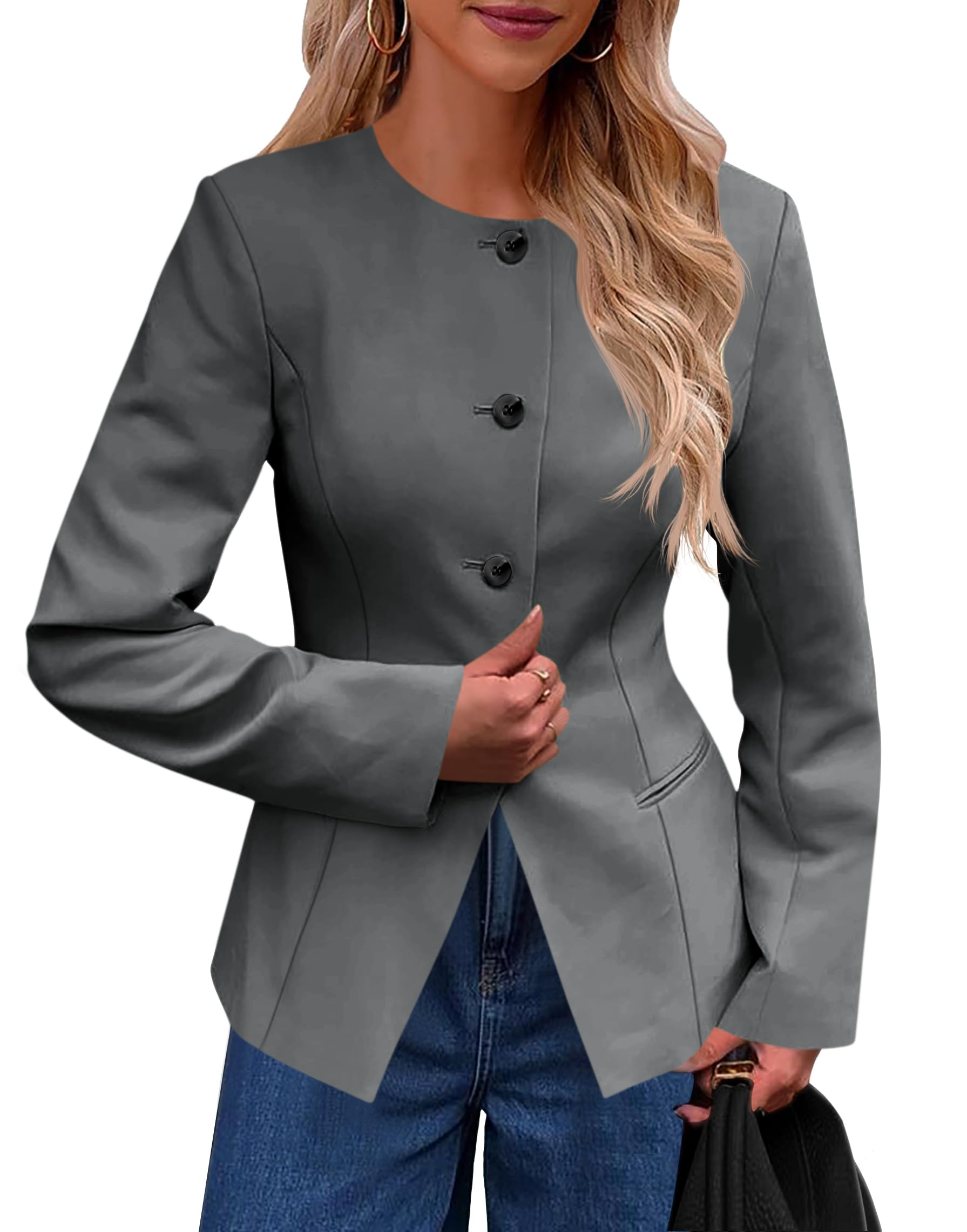 Cicy Bell Womens Business Casual Fitted Blazers Collarless Split Hem Work Office Button Down Suit Jackets