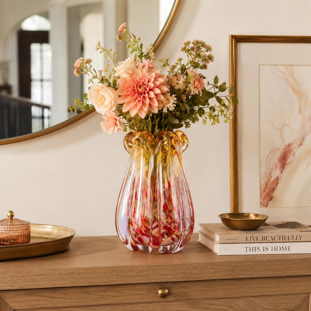 Vase en verre soufflé à la main, 24 cm, dégradé rose et ambré, vase en verre avec bord ondulé unique, vase à fleurs décoratif fait à la main pour salon, centre de table, décoration d'intérieur, cadeau