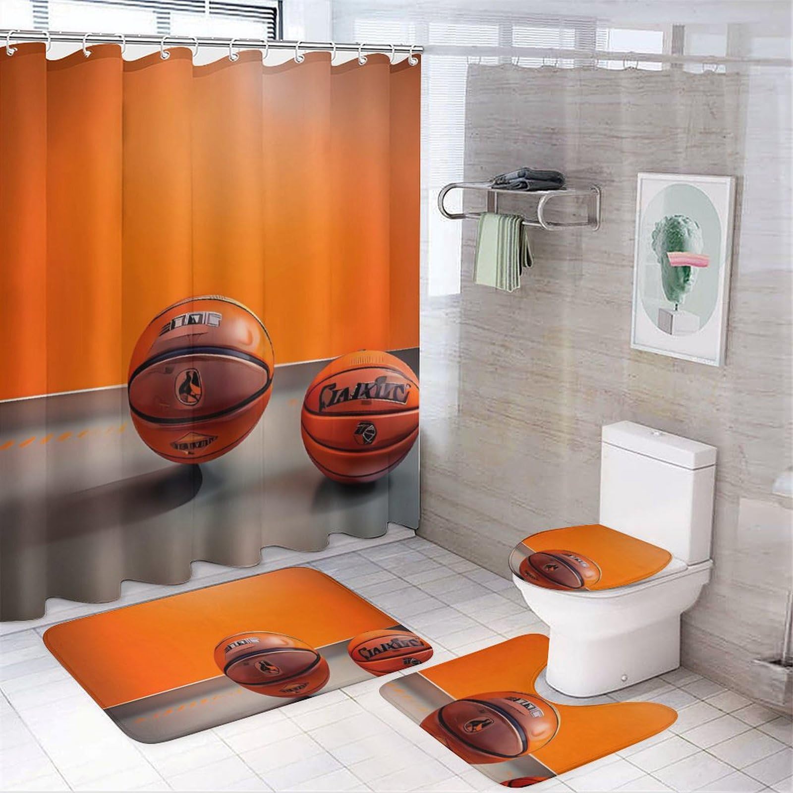 Rideau de douche basketball et tapis en polaire pour salle de bain ado