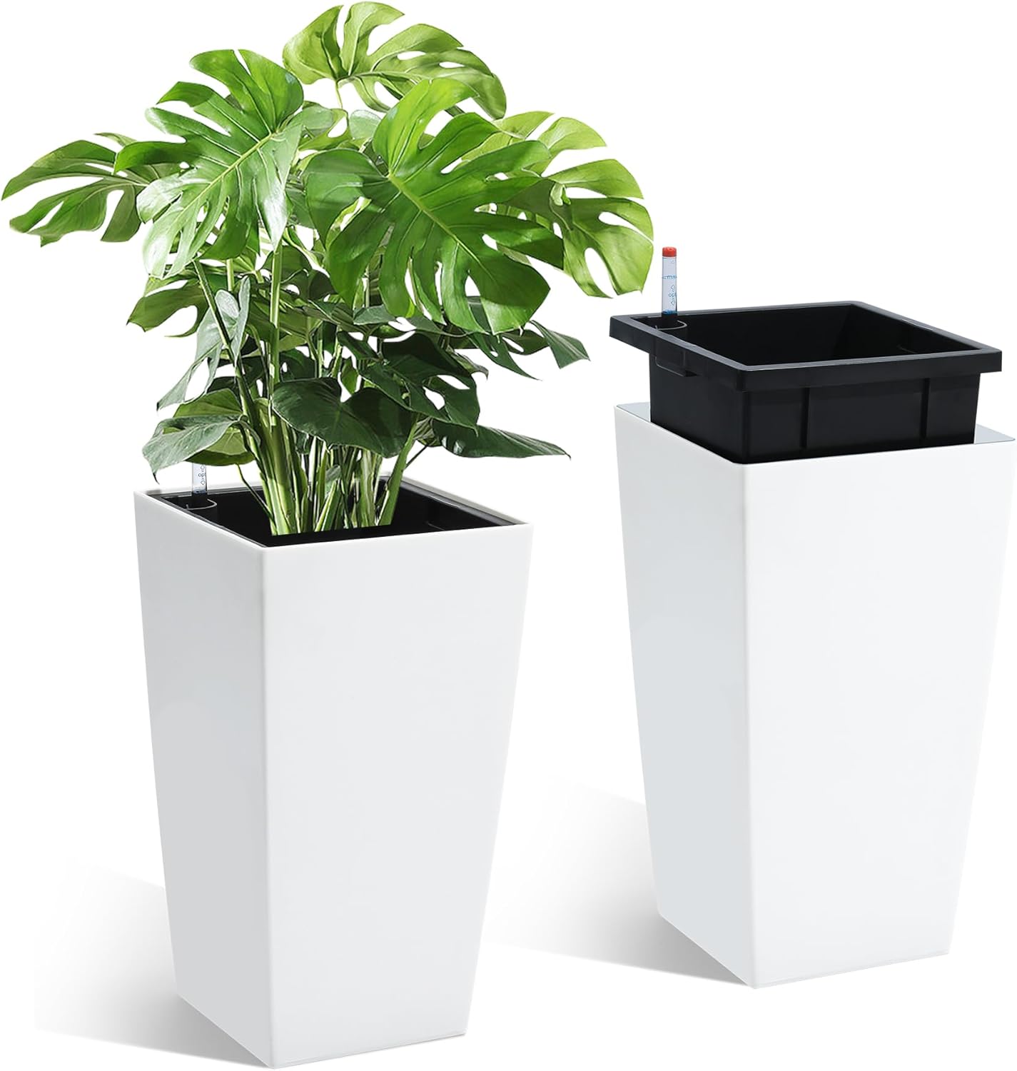 PeakPursuit 16" Tall Planters Set of 2, Outdoor＆Indoor Black Planter Pots, High Front Porch Planter Pots with Drainage Holes＆Water Level Monitor＆Inner Bucket, Automatic Watering, White