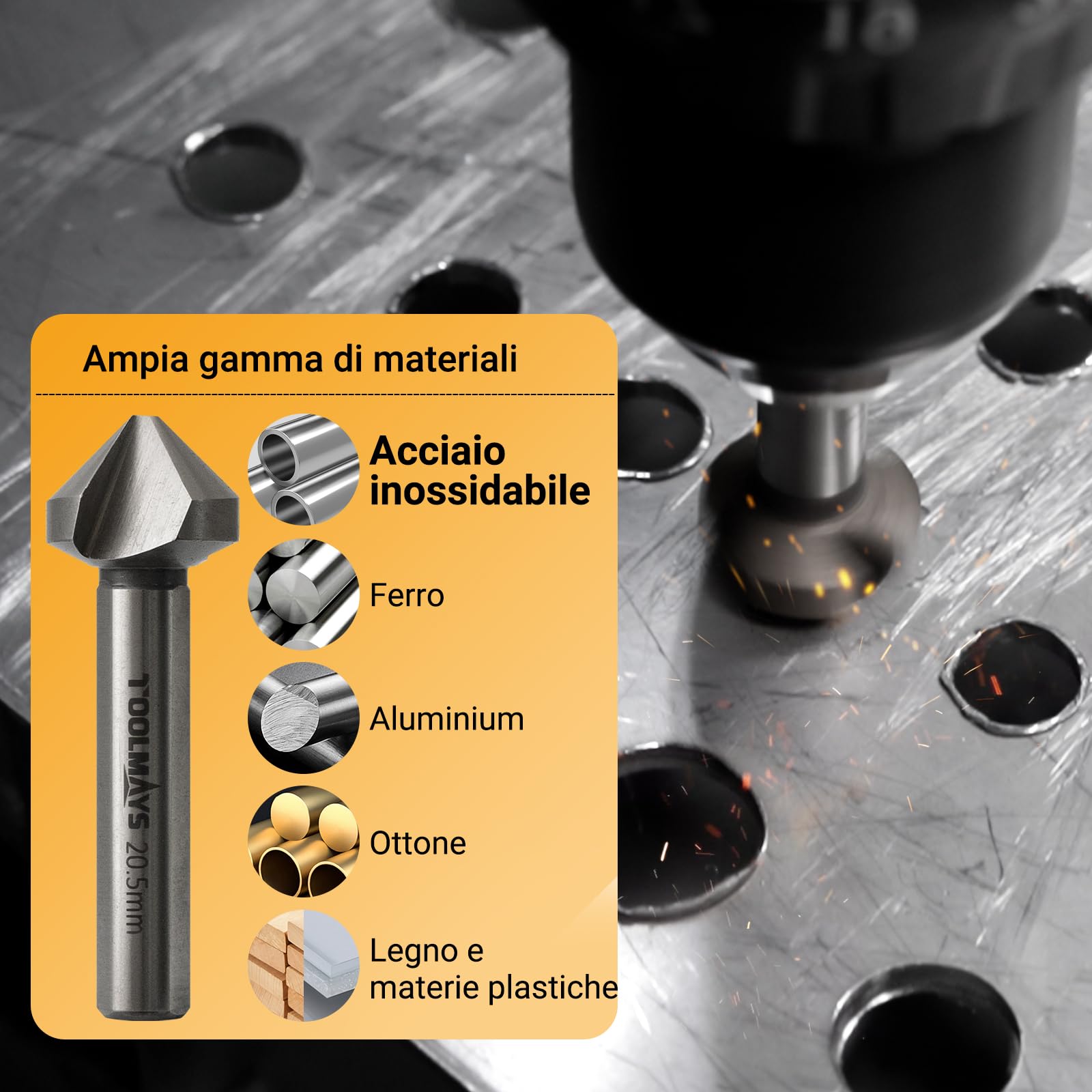Svasatore per Metallo M35 Cobalto Ø 6,3-20,5 mm | Set Svasatori per Legno 90° HSS-E 3 Taglienti 6pcs per Acciaio Inox, Ferro, Alluminio, Rame, Plastica