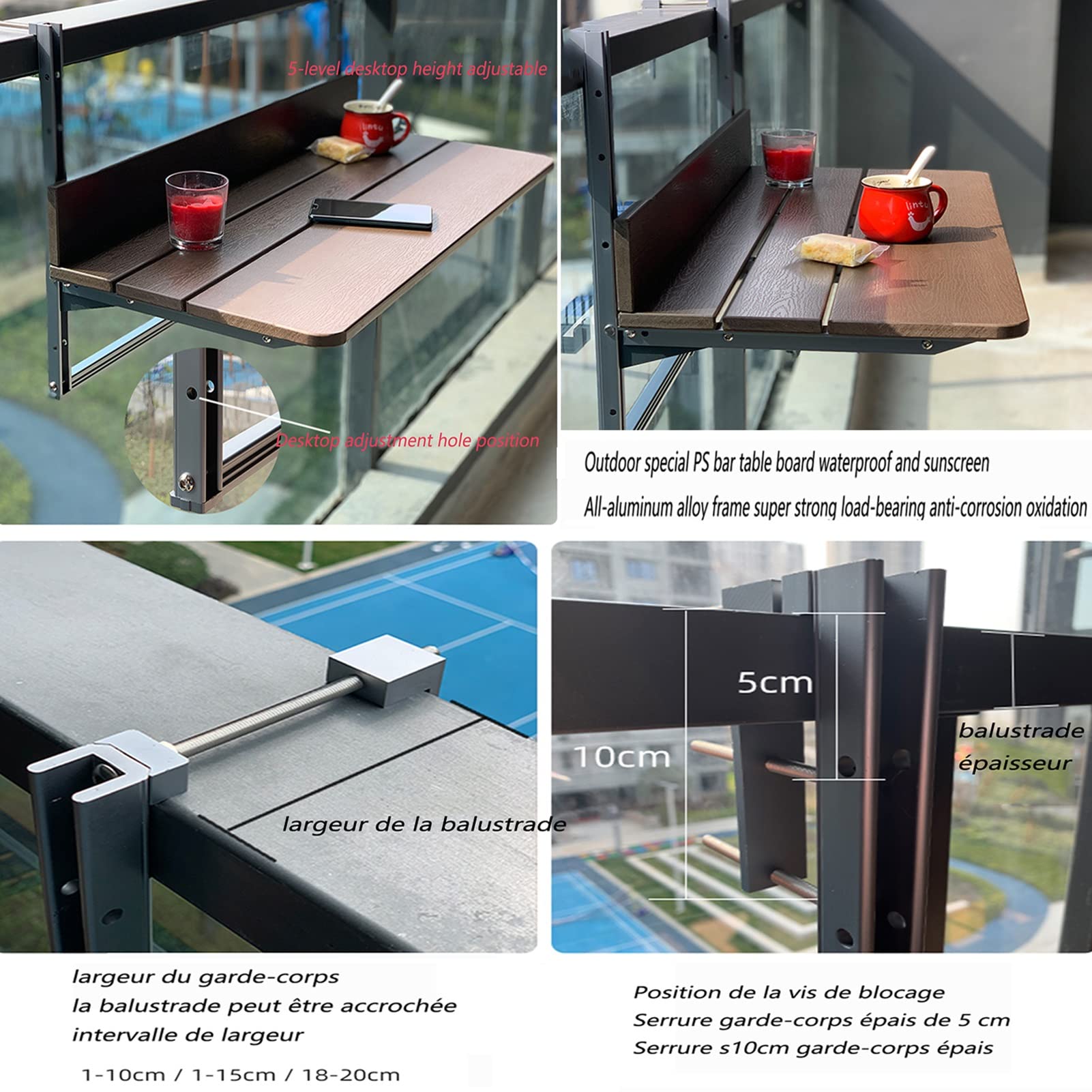 IBOWZ Balkonowy wiszący stół składany balkon stolik barowy na balustrady, składany stół tarasowy na zewnątrz, regulowany wiszący stół na patio, do ogrodu/stół De Loisirs / 60 x 37 cm