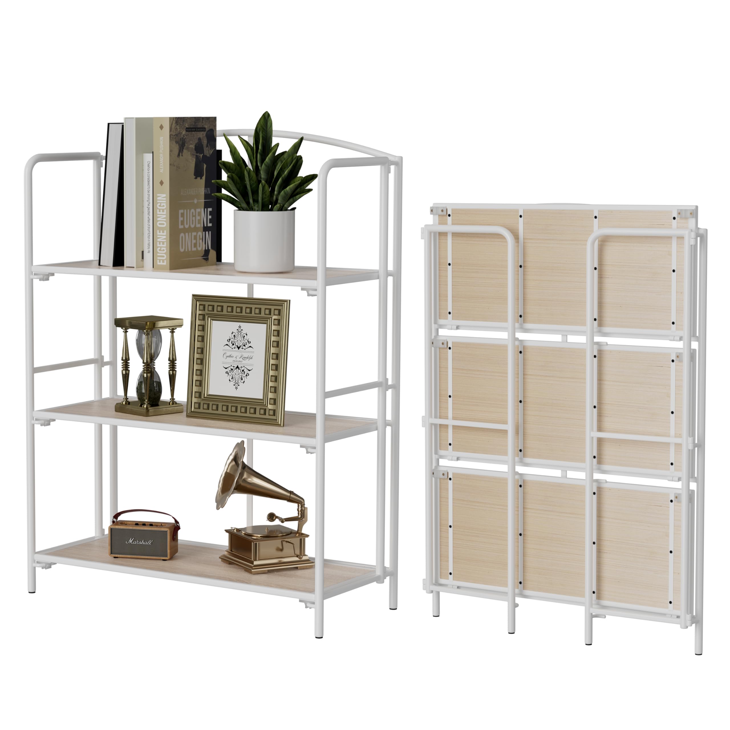 crofy no assembly folding bookshelf, 3 tier white bookshelf, metal book shelf for storage, folding bookcase for office organization and storage, 12.87" d x 30.9" w x 42.33" h